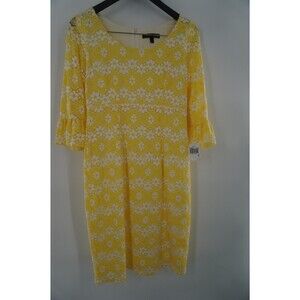 Chris McLaughlin Yellow Crochet Daisy Lace Dress Bell Sleeve Sheath Mod Shif Sz6